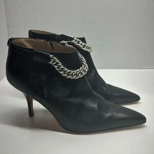 Manolo Blahnik Heeled Ankle Leather Boots Chain Tassel Pointed Black Size 37.5